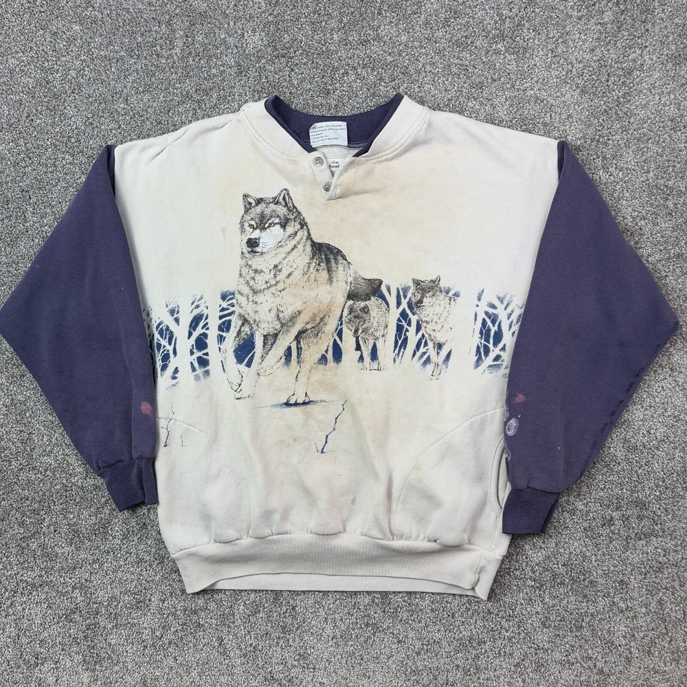 Vintage Artisan Wolf Sweatshirt Mens Large Beige Nature Crewneck Up North UP